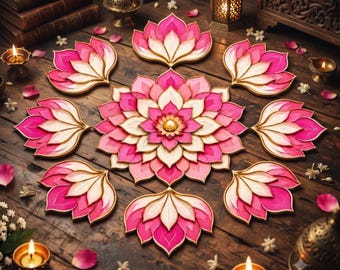 May include: A large central lotus flower decoration surrounded by eight smaller lotus flower accents, all featuring layered pink and white petals with gold edges, arranged on a dark wooden surface with scattered flower petals and lit candles.