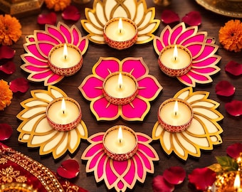 Jaipur roze en crèmekleurige lotus diya rangoli set van 7, handgemaakte bloemenkaarsdecoratie, Diwali Lakshmi Pooja huistempeldecoratie