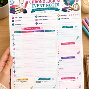 Timeline and chronological event notes layout, academic planner printable with dated sections and icons