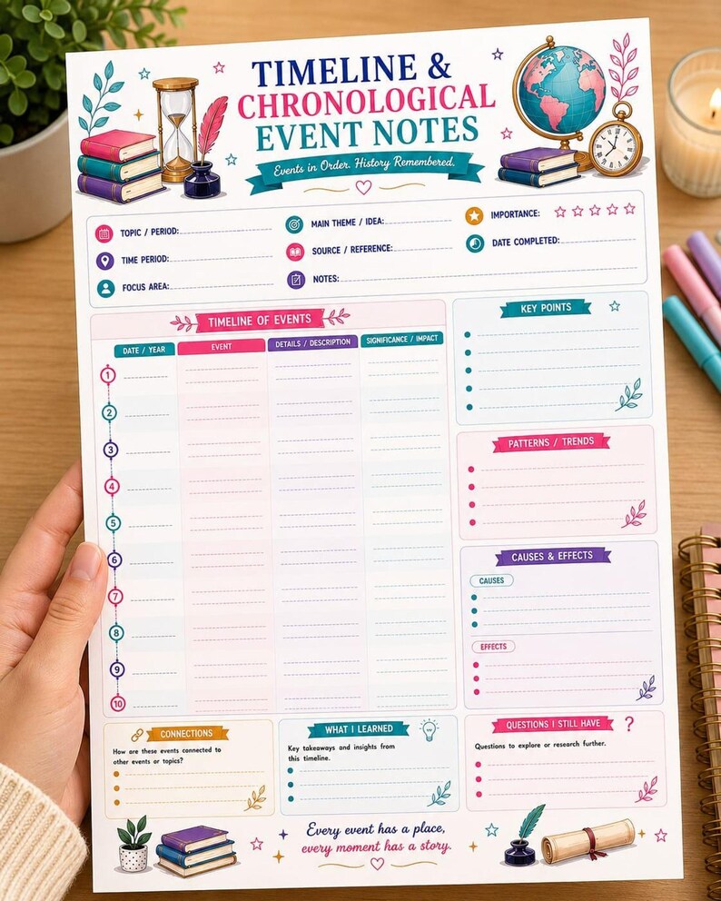 Timeline and chronological event notes layout, academic planner printable with dated sections and icons