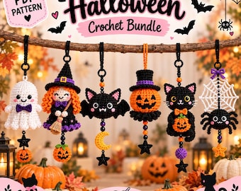 ハロウィンかぎ針編みパターンセット、PDFデザイン6種類（幽霊、魔女、コウモリ、カボチャ、猫、クモ）