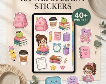 Kawaii Student Stickers, 40+ PNG Files for Digital Planning, Cricut Compatible Download