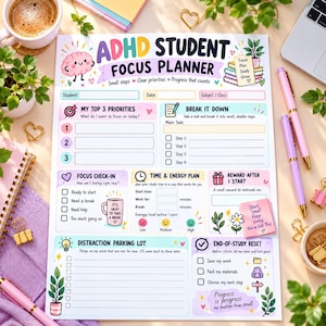 ADHD-studentplanerare, utskrivbar studieplanerare, daglig veckoplanerare, akademisk organisatör i PDF-format