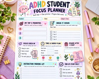 Puede incluir: Una hoja de papel colorida ADHD Student Focus Planner con secciones para prioridades, desglose de tareas, planificación de tiempo y energía, un área de distracciones y reinicio, decorada con ilustraciones de un cerebro, plantas y una taza.