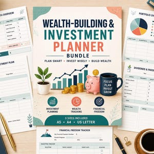 Könnte beinhalten: Ein Vermögensaufbau- und Investitionsplaner-Set mit einem Cover, das ein Sparschwein, Goldmünzen, eine Pflanze und eine Tasse mit der Aufschrift Focus Plan Invest Grow zeigt. Enthält verschiedene Finanz-Tracking-Blätter für Nettovermögen.