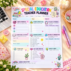 Puede incluir: Una página de planificador para docentes de educación especial con secciones coloridas para prioridades, apoyo estudiantil, objetivos IEP, planes de lecciones, apoyo conductual, reuniones, listas y notas.