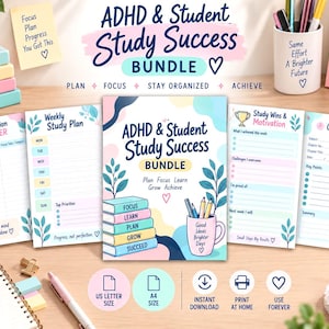 May include: An ADHD and Student Study Success bundle featuring various printable planner pages including a focus session tracker, weekly study plan, study wins and motivation, and chapter notes. The design includes pastel colors, floral accents, and motivational text.