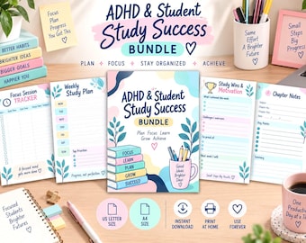 ADHD学習プランナーセット｜学生の学習成功｜集中力と試験対策｜A4およびUSレターサイズ