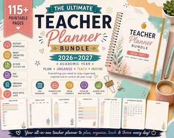 2026 Teacher Planner Bundle, 115+ Printable Binder Pages, Lesson and Grade Tracking PDF Download
