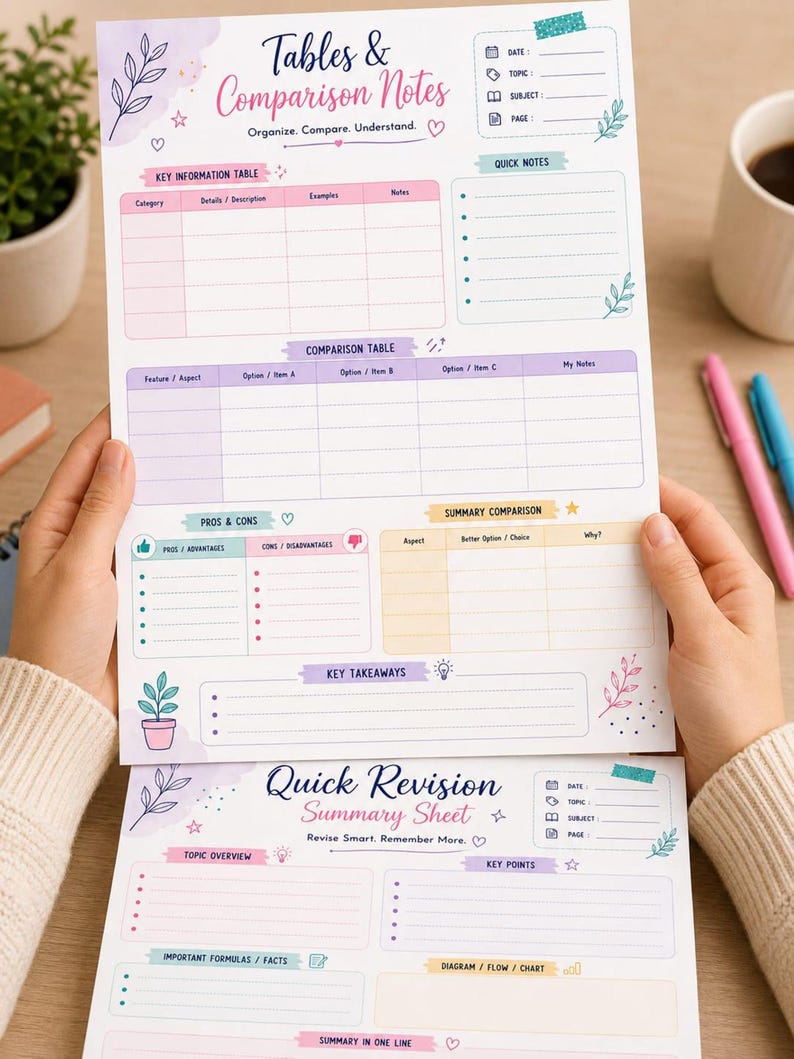 Vertical lecture notes template shown in hand, Cornell notes template layout, exam prep planner printable