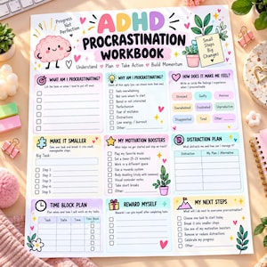 Könnte beinhalten: Eine bunte ADHD Procrastination Workbook-Seite mit Abschnitten zur Aufgabenplanung, Motivationshilfen und Ablenkungsmanagement. Das Dokument enthält eine Cartoon-Gehirn-Illustration, Pflanzenmotive und Kontrollkästchen zur Fortschrittskontrolle.