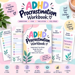 以下が含まれることがあります： ADHD Procrastination Workbook。パステルカラーの図形や葉が描かれたカラフルな表紙には「Understand Your Brain, Break the Cycle, Take Action, Build a Life You Love」の文字。タスク管理やマインドセットのための内部ページが含まれています。