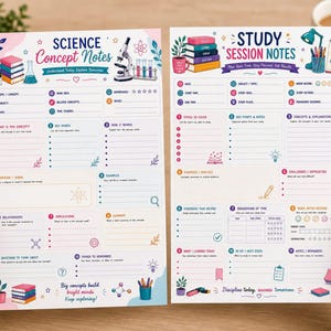 Science and study goals page, college study planner vibes, icons, sections for topics and memory cues