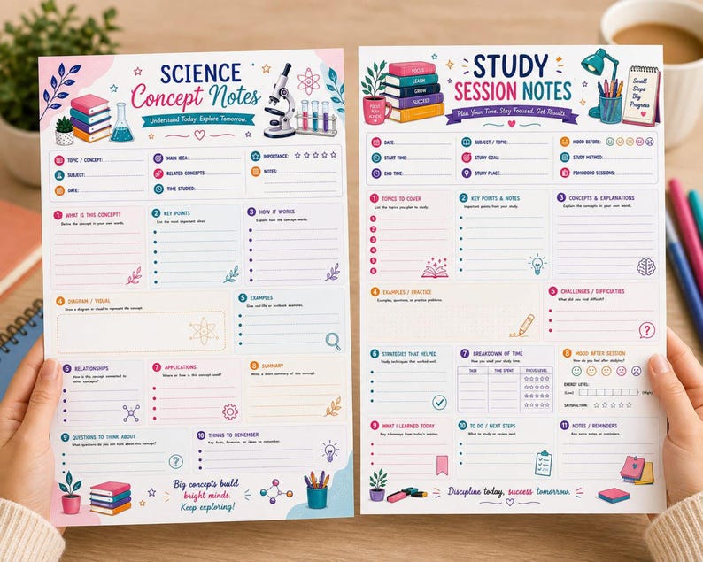 Science and study goals page, college study planner vibes, icons, sections for topics and memory cues