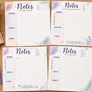 Four lined and structured subject pages, digital study planner style, usable for revision notes template