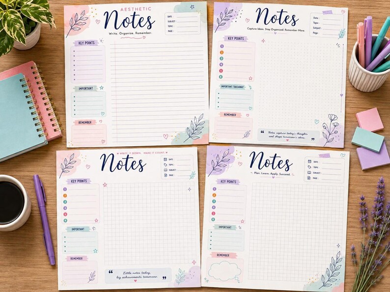 Four lined and structured subject pages, digital study planner style, usable for revision notes template