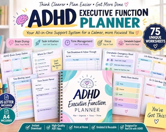 ADHD Executive Function Planner | 75 Printable Worksheets | Task Management, Focus & Time Management | US Letter + A4