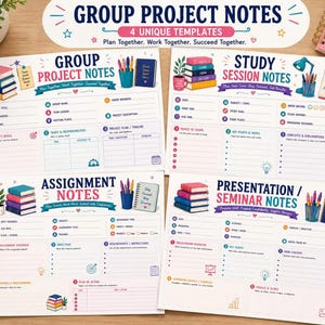 Group project notes spread, assignment and presentation sections, student note taking templates layout