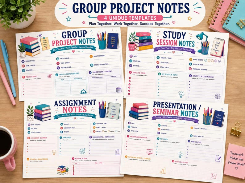 Group project notes spread, assignment and presentation sections, student note taking templates layout