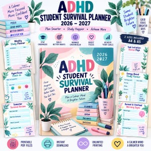 Op de afbeelding: ADHD Student Survival Planner 2026-2027 met een kleurrijke kaft met planten, een pennenbakje en gestapelde boeken. Bevat diverse printbare planningspagina's zoals weekplanners, hyperfocus check-ins en semesteroverzichten.