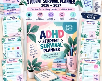 ADHD学生プランナー 2026-2027 | 学生プランナー印刷可能 | ADHDプランナー | 学生サバイバルプランナー | 学習プランナーPDF