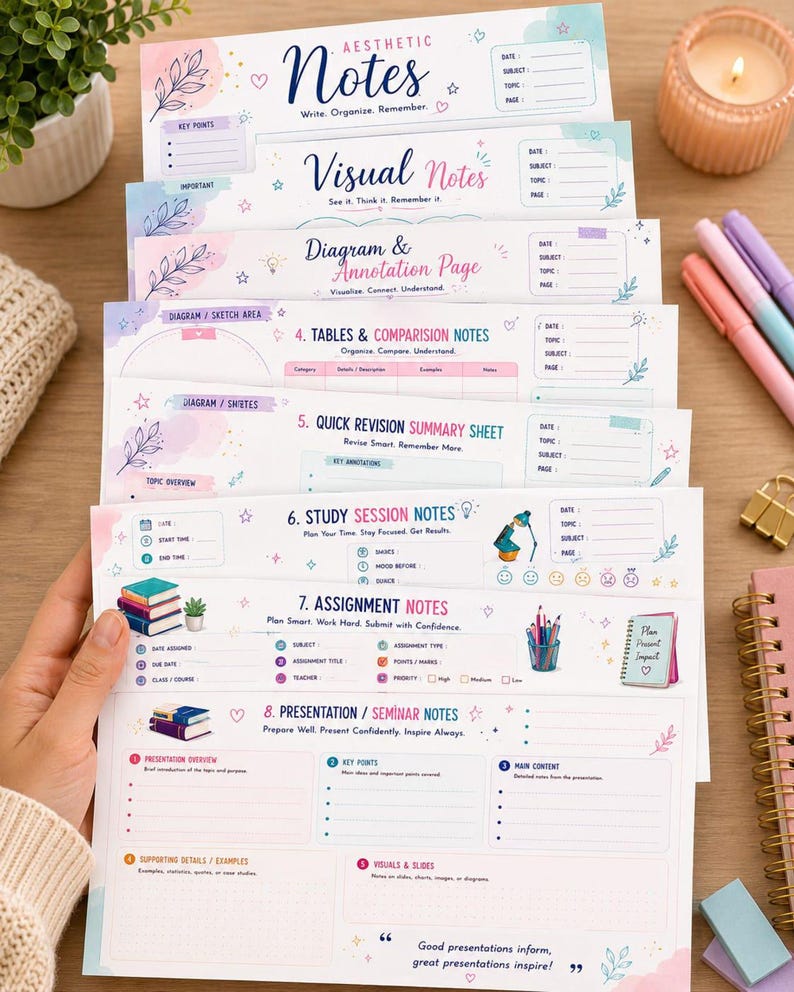 Stack of note variations, revision notes template options, study notes template bundle in pastel headers