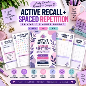 May include: A printable planner bundle for active recall and spaced repetition study methods. The set includes a study planner, calendar, Leitner box tracker, and revision tracker with purple and pink floral accents. Text includes Active Recall + Spaced Repetition, Study Smarter Remember Longer, and Plan, Review, Remember, Achieve.