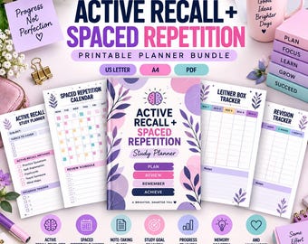 Active Recall Study Planner, Spaced Repetition Tracker, AI Learning PDF (US Letter + A4)