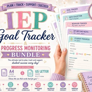 May include: An IEP Goal Tracker and Progress Monitoring bundle featuring 85+ printable pages. Includes A4 size (210 x 297 mm) and US Letter size (8.5 x 11 inches) options. The document set includes trackers for goals, data, behavior, and meeting notes.
