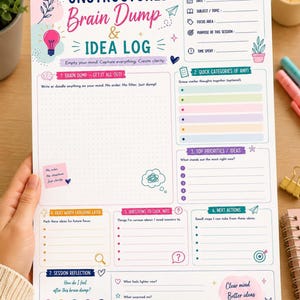 Unstructured brain dump and idea log page, study memory planner elements, colorful checklists and dots