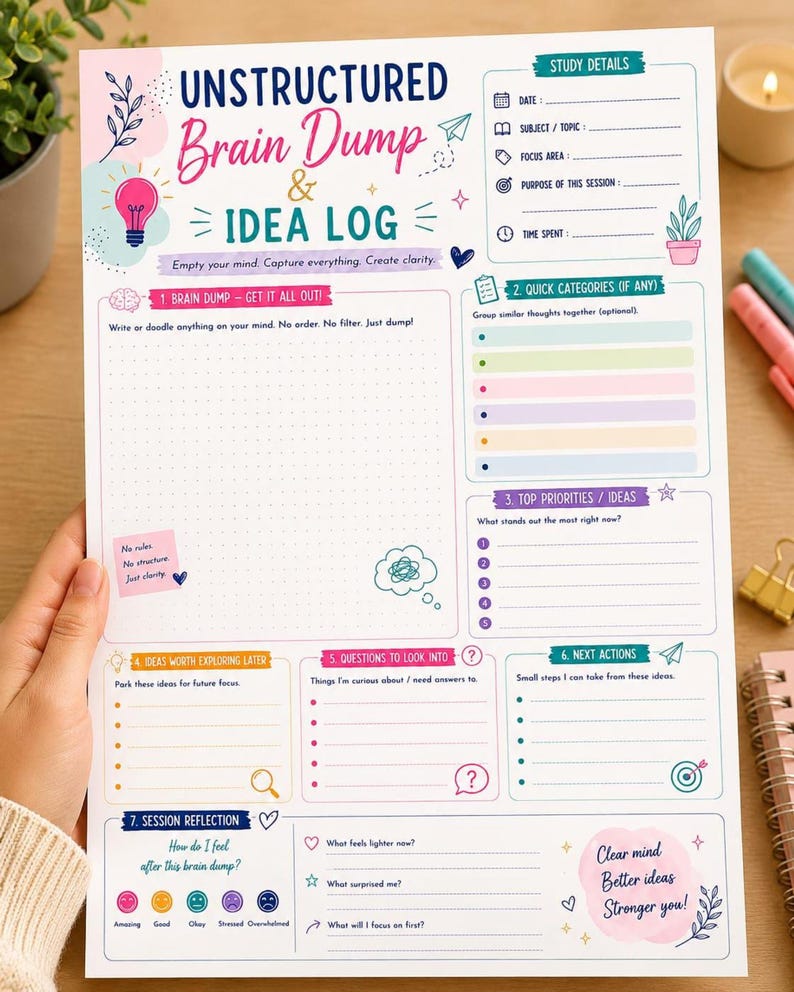 Unstructured brain dump and idea log page, study memory planner elements, colorful checklists and dots