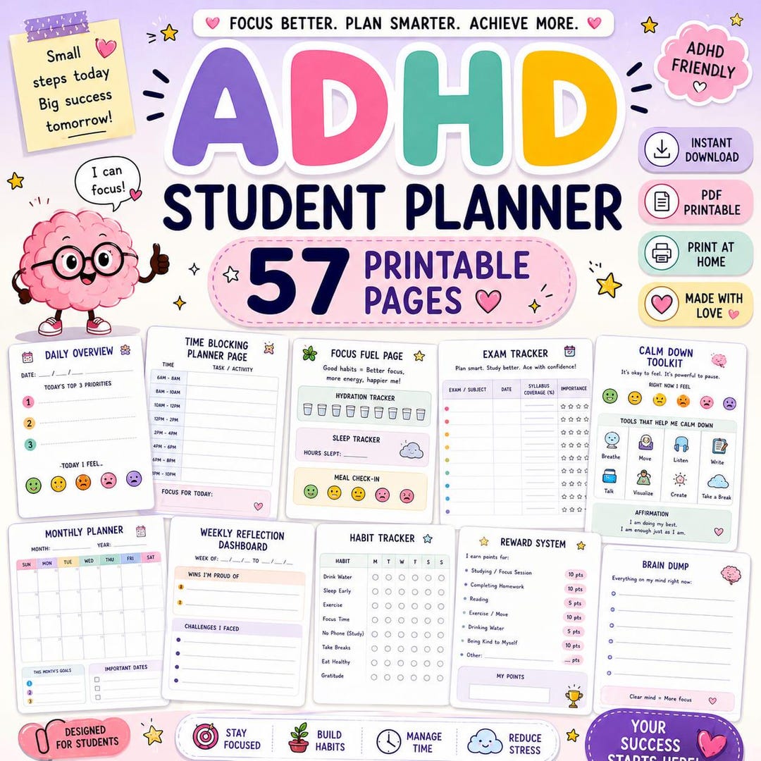 ADHD Student Planner Printable Bundle | Daily Weekly Monthly Planner ...