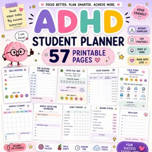 Op de afbeelding: ADHD studentenplanner met 57 afdrukbare pagina's. Het kleurrijke ontwerp bevat secties voor dagelijkse overzichten, tijdsplanning, gewoontetracking en examentracking. Met een hersengrafiek en tekst: "Focus Better. Plan Smarter."