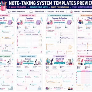 Grid preview of lecture and Cornell templates, study notes template bundle shown in colorful thumbnails