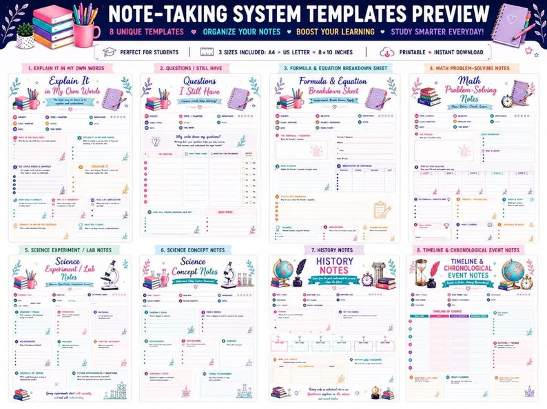 Grid preview of lecture and Cornell templates, study notes template bundle shown in colorful thumbnails
