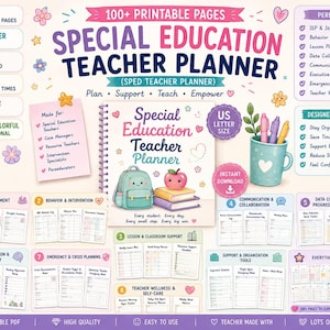 Op de afbeelding: Een printbare Special Education Teacher Planner met 100+ pagina's in US Letter-formaat. De omslag toont een spiraalgebonden notitieboek met een rugzak- en appelillustratie, omringd door organisatieschema's, checklists en iconen.