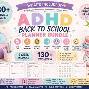 ADHD Back to School Planner Bundle, Student Planner Printable, ADHD School Organizer, Digital Download