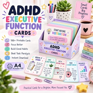 Puede incluir: Un juego de tarjetas de funciones ejecutivas TDAH en una caja morada clara, con ilustraciones coloridas y texto que incluye 'Start Before Motivation', 'Break It Down', 'Take A Deep Breath', 'Use A Visual Plan', 'Take A Short Break' y 'Progress Counts'.