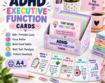 Puede incluir: Un juego de tarjetas de funciones ejecutivas TDAH en una caja morada clara, con ilustraciones coloridas y texto que incluye 'Start Before Motivation', 'Break It Down', 'Take A Deep Breath', 'Use A Visual Plan', 'Take A Short Break' y 'Progress Counts'.