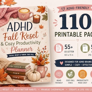 ADHD Productivity Planner, Fall Reset Printable PDF, Cozy Self-Care Bundle
