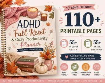 ADHD Productivity Planner, Fall Reset Printable PDF, Cozy Self-Care Bundle