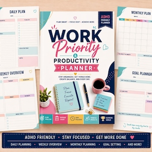 Könnte beinhalten: Ein Work Priority & Productivity Planner Buch, umgeben von vier gedruckten Planungsblättern mit den Titeln Daily Plan, Weekly Overview, Monthly Plan und Goal Planner. Das Cover zeigt ein Notizbuch, einen Stift, eine Kaffeetasse und Haftnotizen.