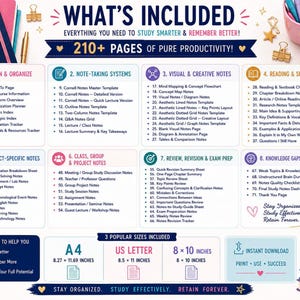 What's included page for printable study planner bundle, lists templates, A4 US Letter 8x10 sizes