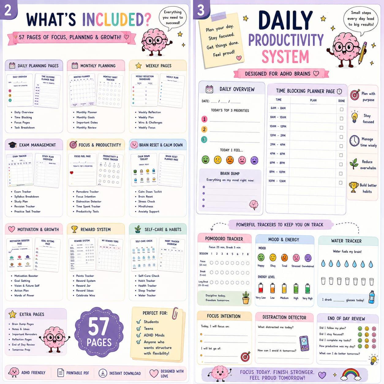 ADHD Student Planner Printable Bundle | Daily Weekly Monthly Planner ...