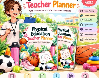 体育教師用プランナー、体育授業プランナー、教師用バインダー、スポーツとフィットネス評価、A4およびUSレターサイズPDF