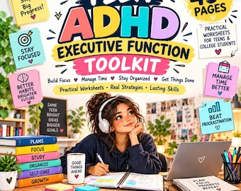 ADHDプランナー印刷可能、実行機能ワークブック、ADHDワークシート、ADHDツールキット、集中力と生産性
