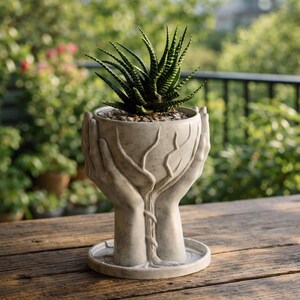 Puede incluir: Una maceta gris hecha a mano con forma de manos que sostienen una planta suculenta. La maceta tiene un acabado texturizado y una base redonda. La planta tiene hojas verdes y puntiagudas. La maceta está sobre una superficie de madera.
