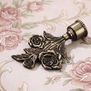 Rose Curtain Rod Finial, Antique Brass Plated Floral Drapery End Cap, Vintage Window Hardware, Decorative Curtain Pole Finial Decor