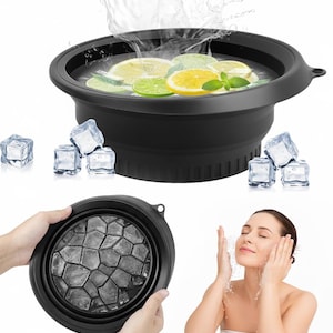 Op de afbeelding: Zwarte opvouwbare ijsschaal gevuld met ijsblokjes, citroen- en limoenschijfjes en muntblaadjes. De kom wordt getoond met ijsblokjes en een vrouw die haar gezicht wast. De kom wordt ook opgevouwen getoond, met een honingraat ijspatroon.