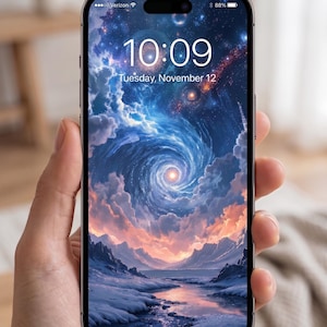 May include: A smartphone displaying a digital art landscape with a swirling vortex of clouds and a river flowing through a snowy mountain range. The time 10:09 and the date Tuesday, November 12 are displayed on the screen.